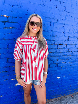 Stripe "America" Pleat Sleeve Top- Karlie-Short Sleeve Top-K. Ellis Boutique