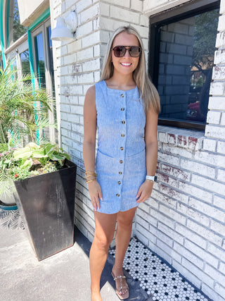 Denim Stripe Button Sleeveless Shift Dress- Karlie-Mini Dress-K. Ellis Boutique