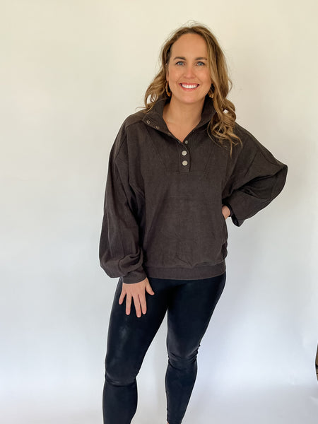 LONG SLEEVE BUTTON-DOWN TOP- charcoal black-K. Ellis Boutique