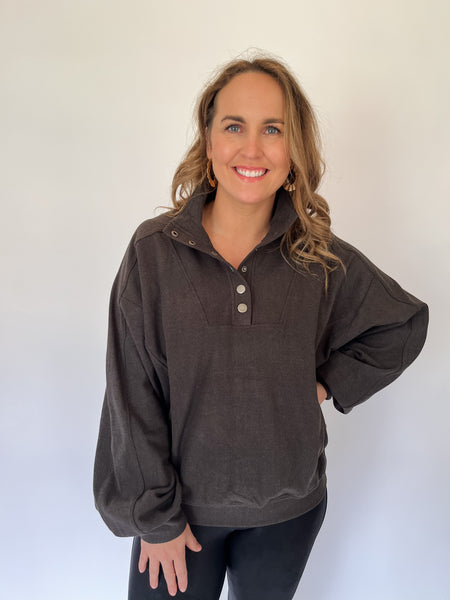 LONG SLEEVE BUTTON-DOWN TOP- charcoal black-K. Ellis Boutique