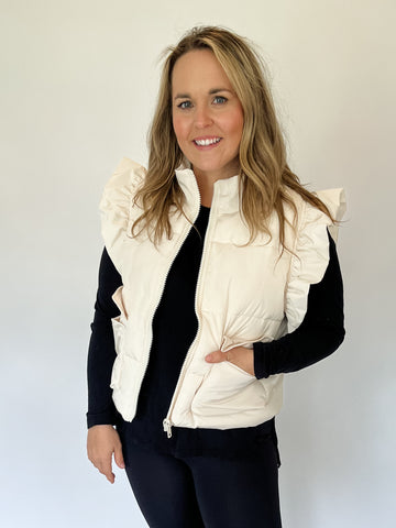 Puffer Vest Ruffle Cream-K. Ellis Boutique