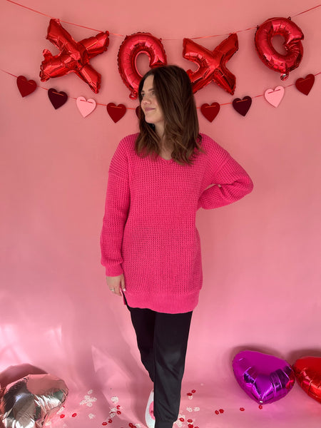 Slouchy V-neck Ribbed Knit Sweater- Hot Pink-K. Ellis Boutique
