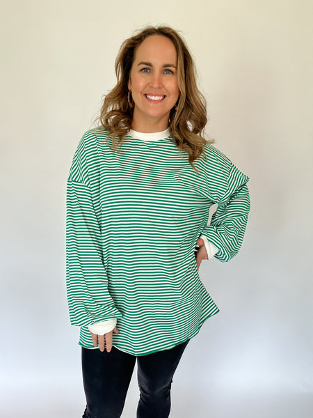 Crew Neck Long Sleeve Striped Top- Green-K. Ellis Boutique