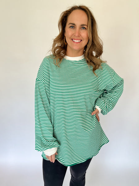 Crew Neck Long Sleeve Striped Top- Green-K. Ellis Boutique