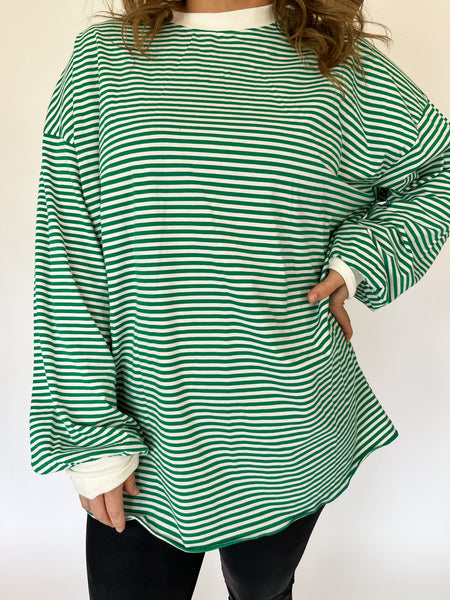 Crew Neck Long Sleeve Striped Top- Green-K. Ellis Boutique