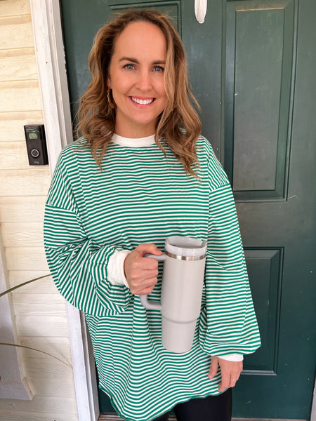 Crew Neck Long Sleeve Striped Top- Green-K. Ellis Boutique