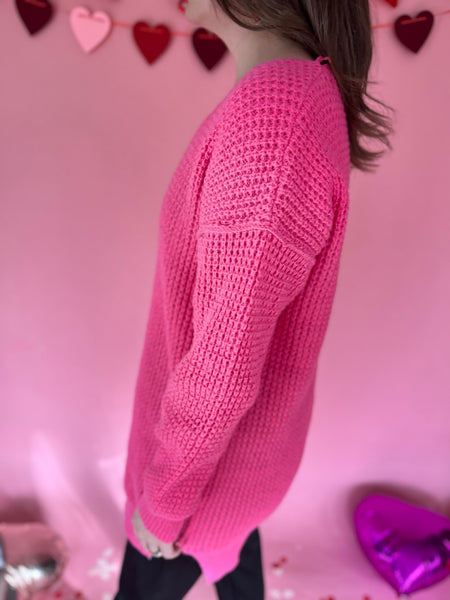 Slouchy V-neck Ribbed Knit Sweater- Hot Pink-K. Ellis Boutique