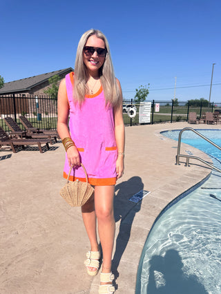 Solid Colorblock French Terry Scoop Dress- Fuchsia-Mini Dress-K. Ellis Boutique