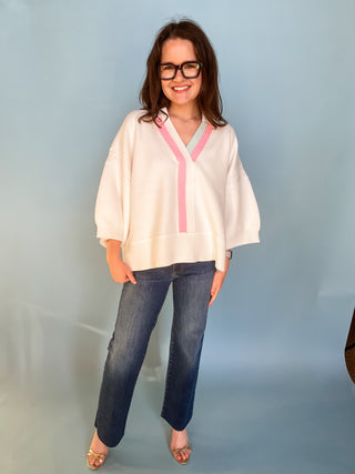 White Collar Blouse with Blue & Pink Trim-Long Sleeve Top-K. Ellis Boutique