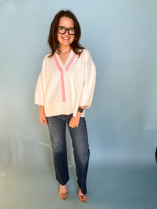 White Collar Blouse with Blue & Pink Trim-Long Sleeve Top-K. Ellis Boutique