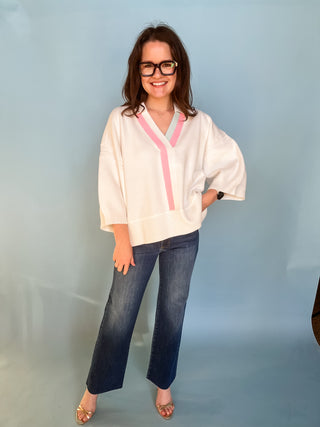 White Collar Blouse with Blue & Pink Trim-Long Sleeve Top-K. Ellis Boutique