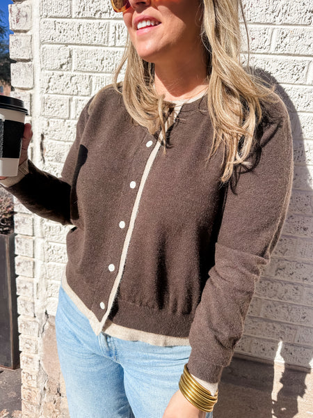 Contrast Button Front Cardigan- Brown/Tan-K. Ellis Boutique