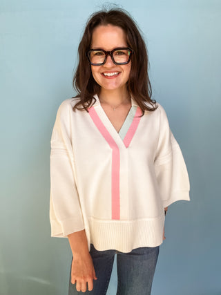 White Collar Blouse with Blue & Pink Trim-Long Sleeve Top-K. Ellis Boutique
