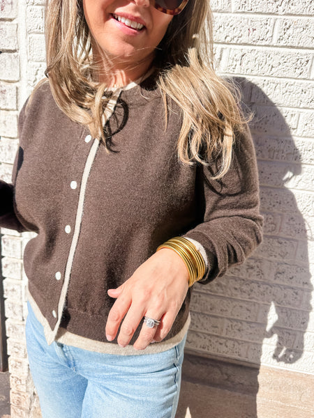 Contrast Button Front Cardigan- Brown/Tan-K. Ellis Boutique