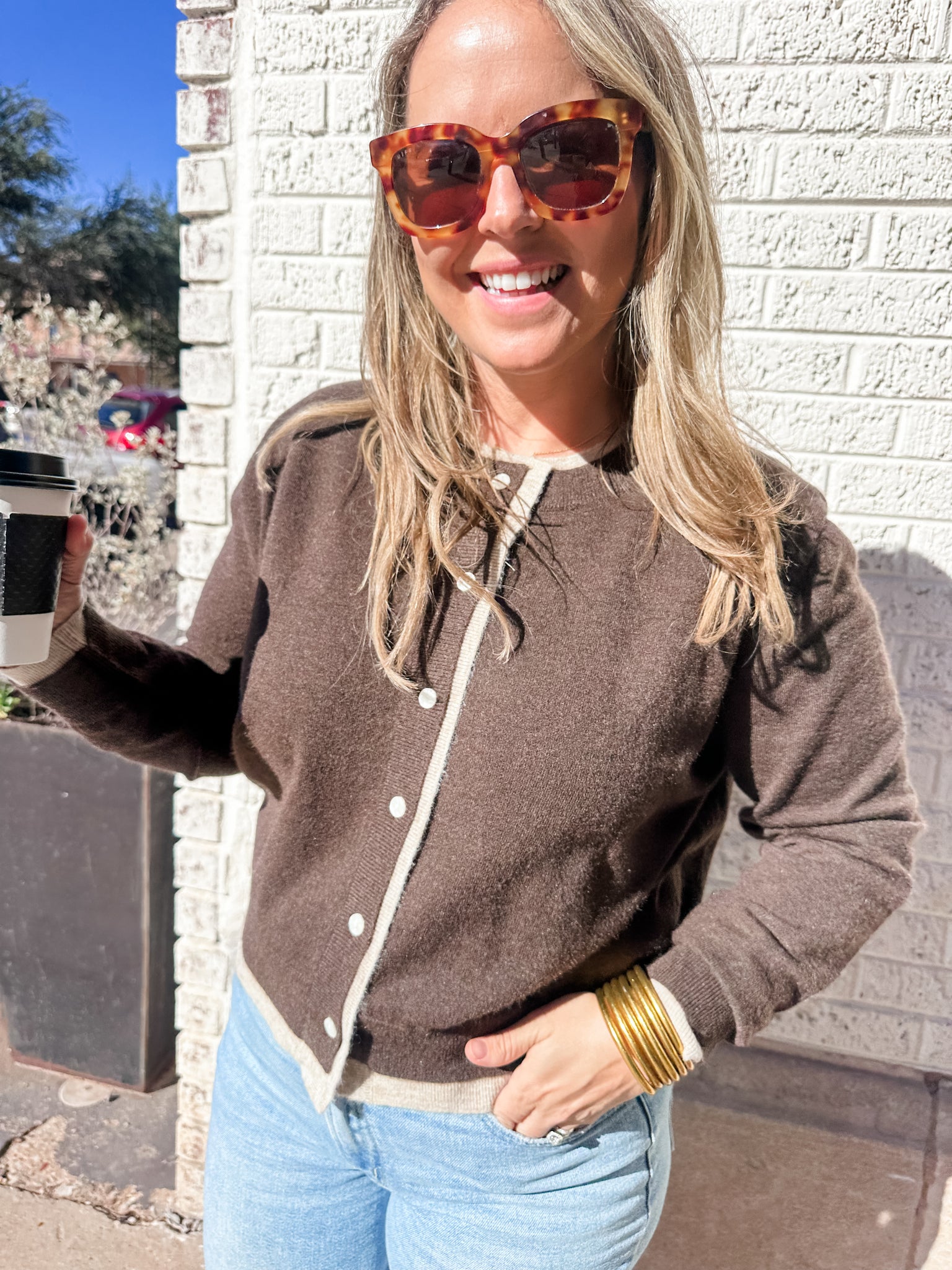 Contrast Button Front Cardigan- Brown/Tan-K. Ellis Boutique