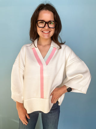 White Collar Blouse with Blue & Pink Trim-Long Sleeve Top-K. Ellis Boutique