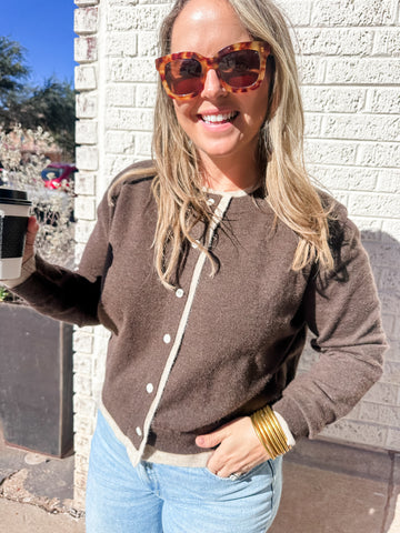 Contrast Button Front Cardigan- Brown/Tan-K. Ellis Boutique