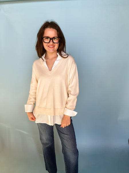 Layered Look V-neck Mixed Media Sweater-Cream/Ivory-K. Ellis Boutique