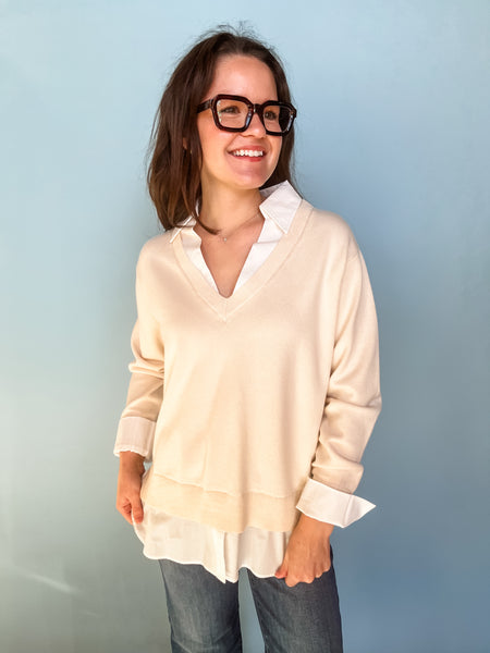 Layered Look V-neck Mixed Media Sweater-Cream/Ivory-K. Ellis Boutique