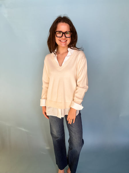 Layered Look V-neck Mixed Media Sweater-Cream/Ivory-K. Ellis Boutique