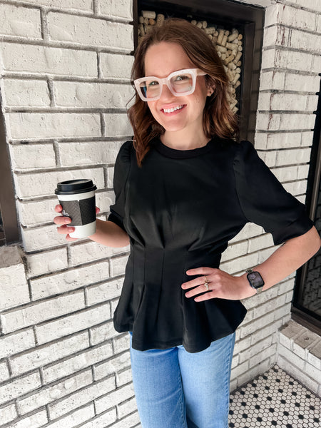 French Terry Pleated Waist Top- Black-K. Ellis Boutique