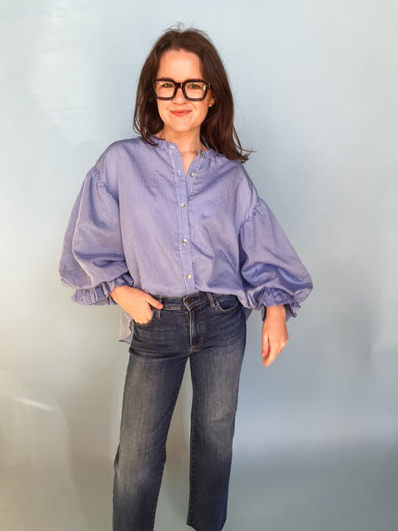 Pinstripe Bubble Sleeve Blouse- Blue & White-K. Ellis Boutique