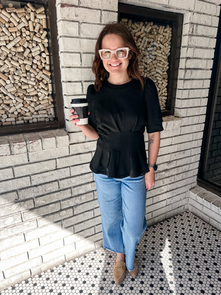 French Terry Pleated Waist Top- Black-K. Ellis Boutique