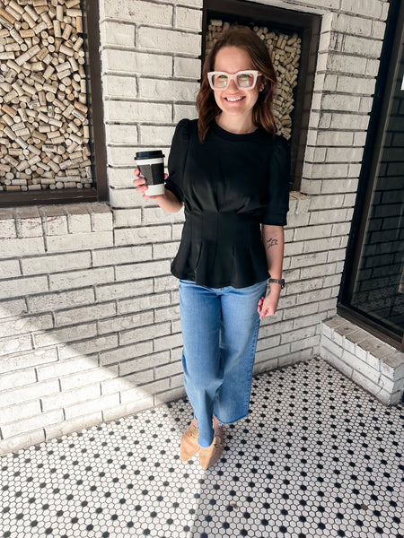 French Terry Pleated Waist Top- Black-K. Ellis Boutique