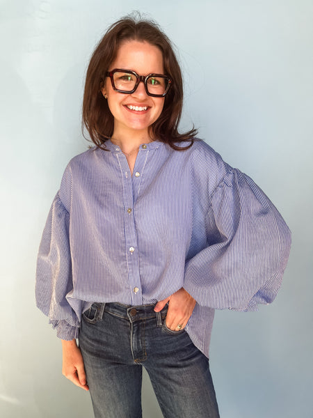 Pinstripe Bubble Sleeve Blouse- Blue & White-K. Ellis Boutique