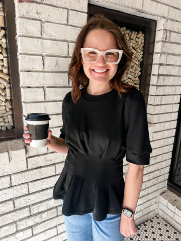 French Terry Pleated Waist Top- Black-K. Ellis Boutique