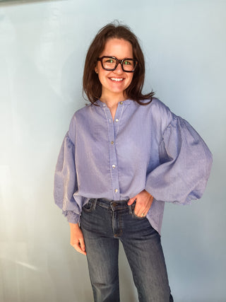 Pinstripe Bubble Sleeve Blouse- Blue & White-K. Ellis Boutique