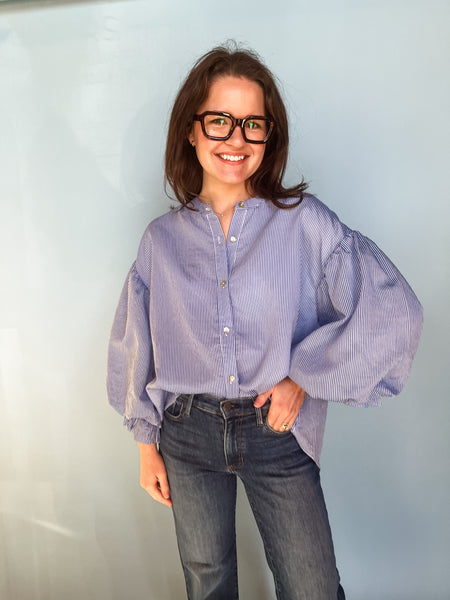 Pinstripe Bubble Sleeve Blouse- Blue & White-K. Ellis Boutique