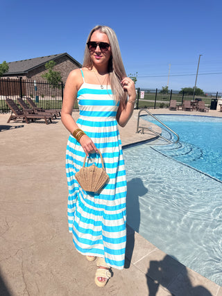 Striped Tiered Maxi Dress- Aqua & white Stripe-Midi/Maxi Dress-K. Ellis Boutique
