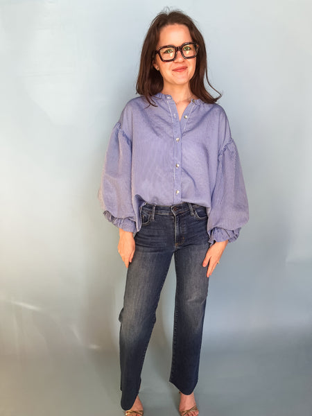 Pinstripe Bubble Sleeve Blouse- Blue & White-K. Ellis Boutique