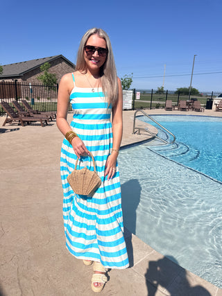 Striped Tiered Maxi Dress- Aqua & white Stripe-Midi/Maxi Dress-K. Ellis Boutique