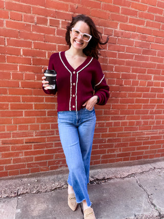 Contrast Stitch Button Cardigan- Burgundy-Cardigans-K. Ellis Boutique