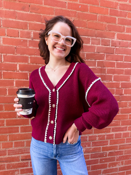 Contrast Stitch Button Cardigan- Burgundy-K. Ellis Boutique