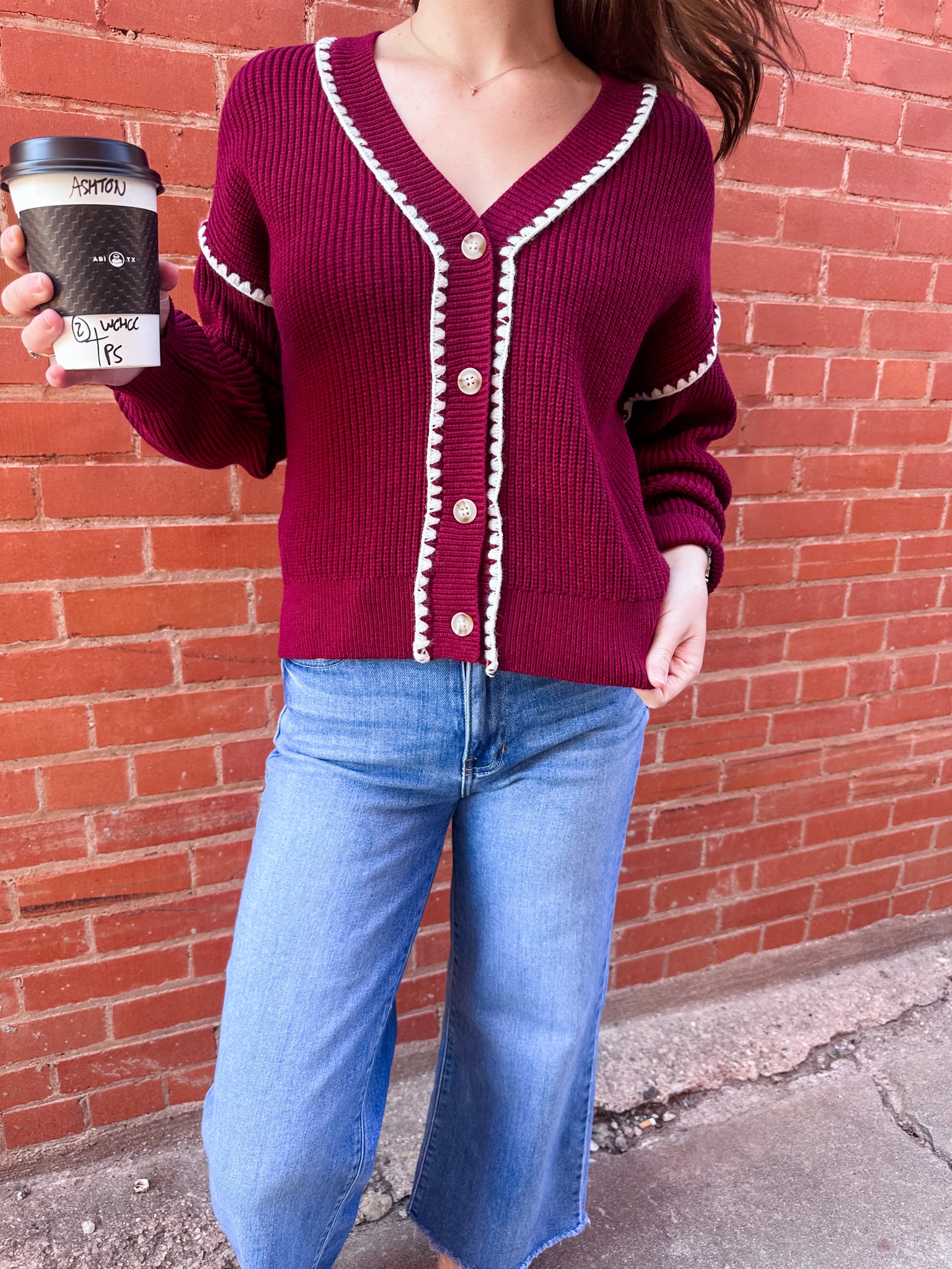 Contrast Stitch Button Cardigan- Burgundy-K. Ellis Boutique