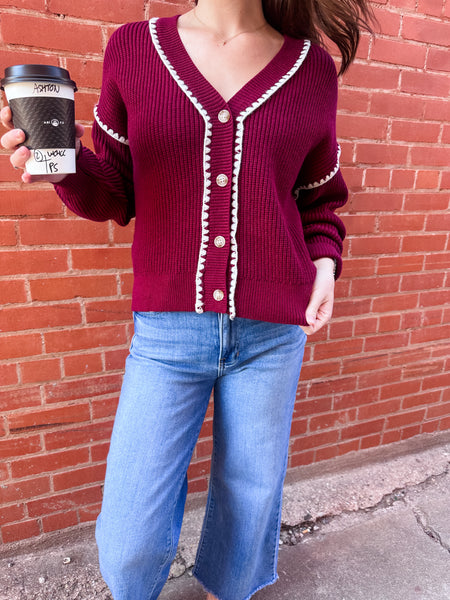Contrast Stitch Button Cardigan- Burgundy-K. Ellis Boutique
