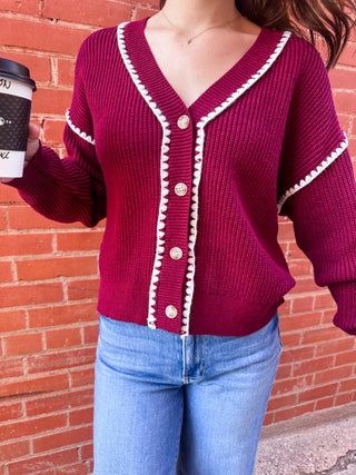 Contrast Stitch Button Cardigan- Burgundy-Cardigans-K. Ellis Boutique