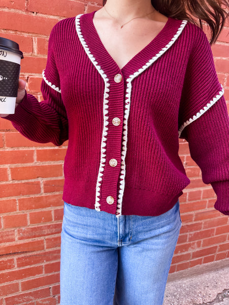 Contrast Stitch Button Cardigan- Burgundy-K. Ellis Boutique