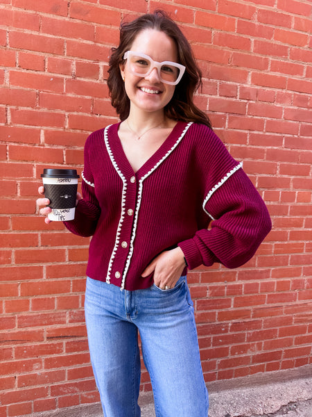 Contrast Stitch Button Cardigan- Burgundy-K. Ellis Boutique