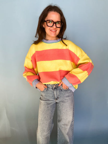 Striped Knit Crewneck Pullover- Sunburst-K. Ellis Boutique