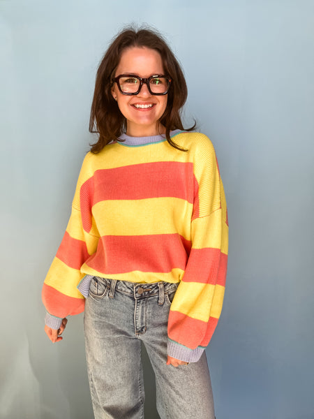 Striped Knit Crewneck Pullover- Sunburst-K. Ellis Boutique