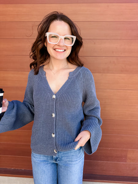 Blouson Sleeve Cardigan- Denim Blue-K. Ellis Boutique