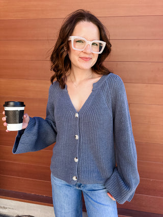 Blouson Sleeve Cardigan- Denim Blue-Cardigans-K. Ellis Boutique