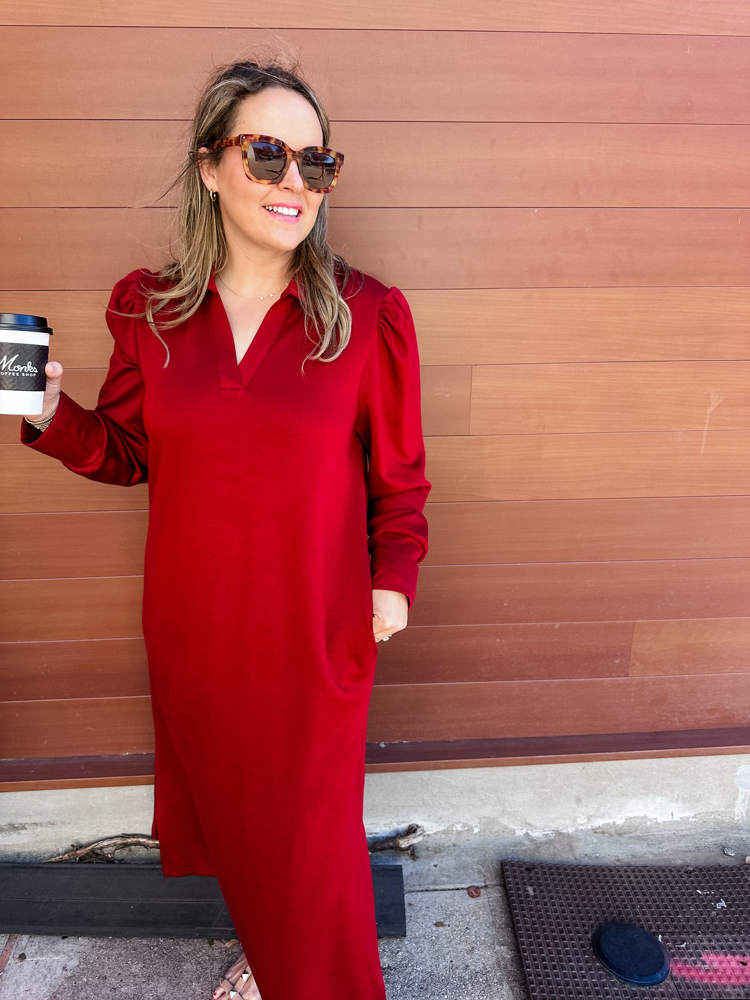 Side Slit Solid Midi Dress- Wine-K. Ellis Boutique