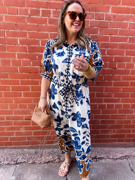 Botanical Belted Midi Dress- Slate Blue-K. Ellis Boutique