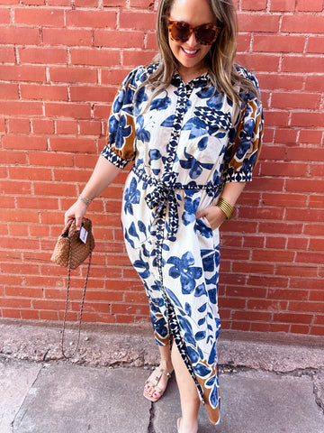 Botanical Belted Midi Dress- Slate Blue-K. Ellis Boutique
