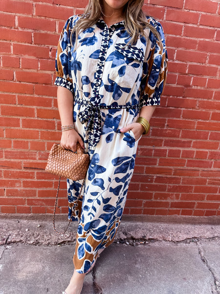 Botanical Belted Midi Dress- Slate Blue-K. Ellis Boutique